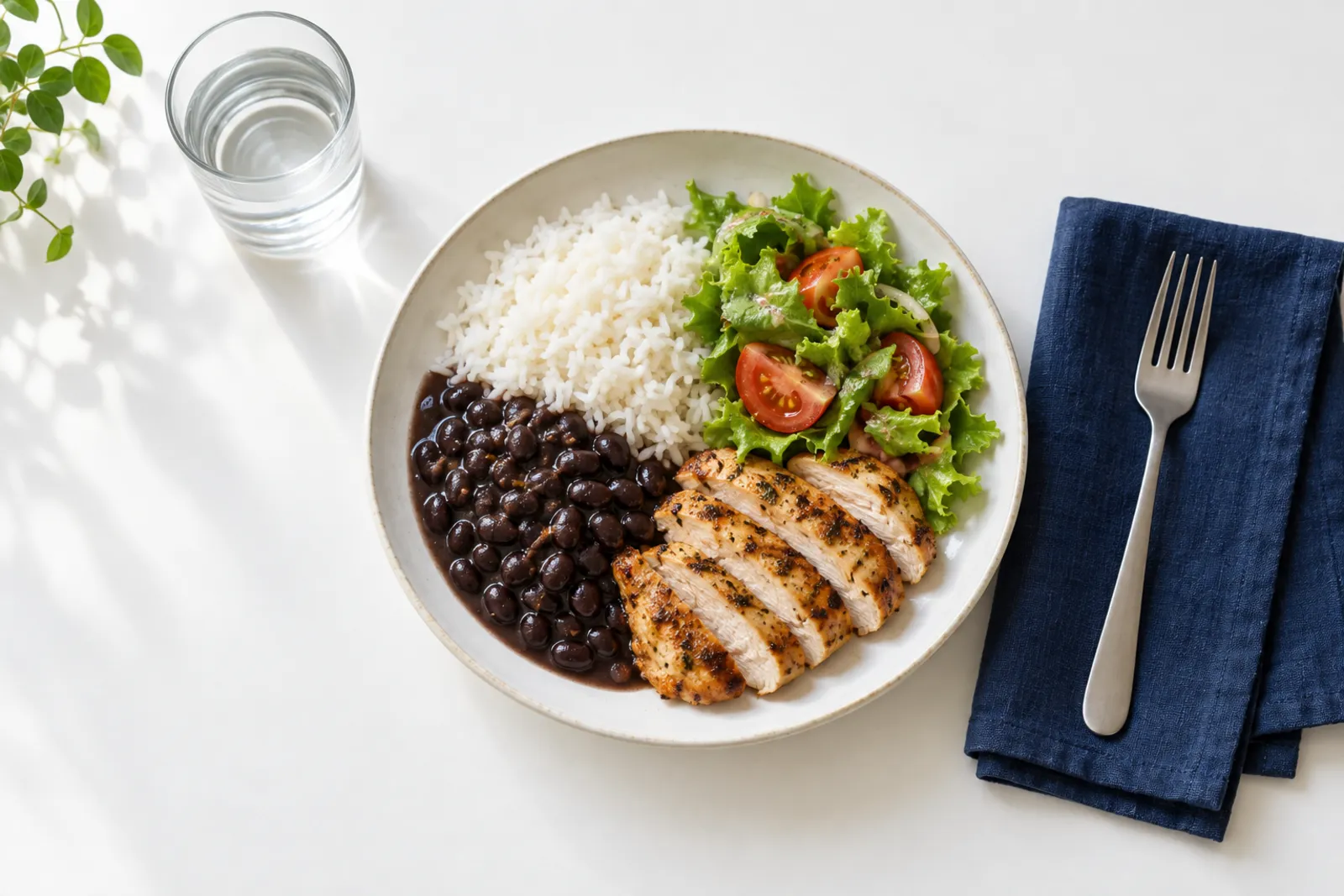 Prato simples com arroz, feijão, frango grelhado e salada